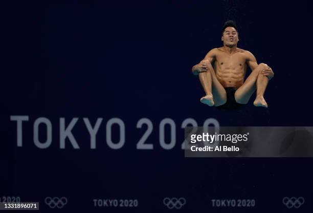 Sebastian Morales Mendoza of Team Colombia competes in the Men's 3m Springboard Preliminary Round on day ten of the Tokyo 2020 Olympic Games at Tokyo...