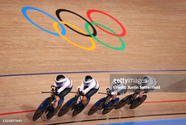 Franziska Brausse of Team Germany and teammates sprint during the Women's team pursuit qualifying of the Track Cycling on day 10 of the Tokyo...