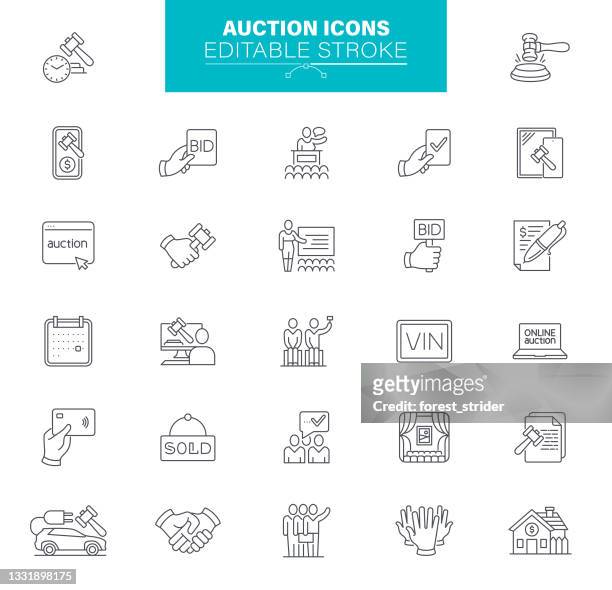 bearbeitbare strichsymbole für auktionen. enthält symbole wie immobilien, bieten, auktionshammer, malerei, deal - versteigerung stock-grafiken, -clipart, -cartoons und -symbole