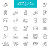 Auction Editable Stroke Icons. Contains such icons as Real Estate, Bidding, Auction Hammer, Painting, Deal