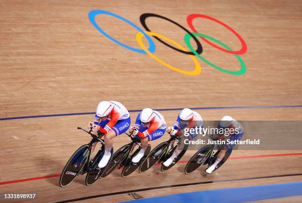 Victoire Berteau, Marion Borras, Valentine Fortin and Marie le Net of Team France sprint during the Women's team pursuit qualifying of the Track...