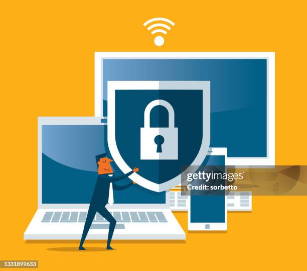 stockillustraties, clipart, cartoons en iconen met businessman out from a computer with a shield - op slot doen