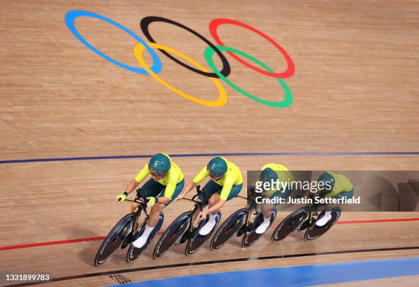 Annette Edmondson, Georgia Baker of Team Australia and teammates sprint during the Women's team pursuit qualifying of the Track Cycling on day 10 of...