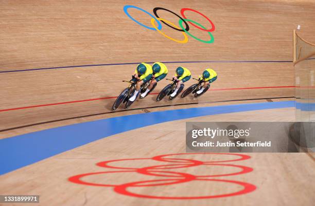 Annette Edmondson, Georgia Baker of Team Australia and teammates sprint during the Women's team pursuit qualifying of the Track Cycling on day 10 of...