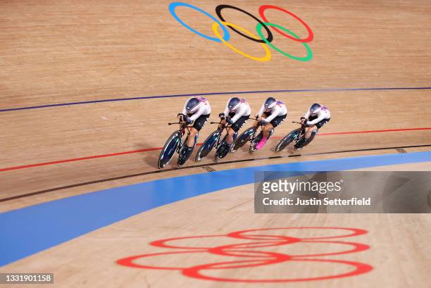 Jennifer Valente, Emma White, Chloe Dygert and Lily Williams of Team United States sprint during the Women's team pursuit qualifying of the Track...