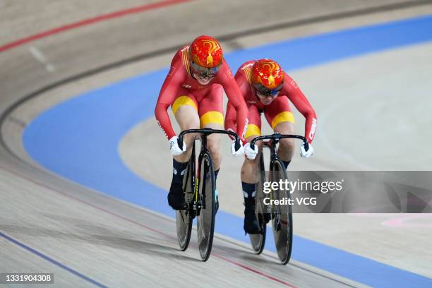 Zhong Tianshi and Bao Shanju of Team China sprint during the Women's Team Sprint Qualifying of the Track Cycling on day ten of the Tokyo 2020 Olympic...