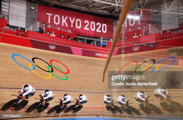 Theo Reinhardt, Felix Gross, Leon Rohde and Domenic Weinstein of Team Germany sprint during the Men´s team pursuit qualifying of the Track Cycling on...