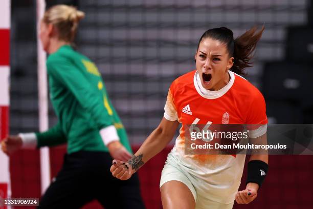 Viktoria Lukacs of Team Hungary celebrates after scoring a goal during the Women's Preliminary Round Group B handball match between Hungary and...