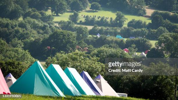 Some of the pre-erected tents in fields at Worthy Pastures are seen at the site of the Glastonbury Festival held at Worthy Farm, Pilton on July 20,...