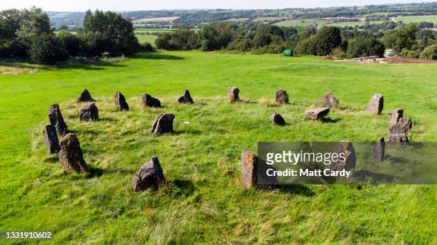 The Stone Circle is seen from the air at the site of the Glastonbury Festival held at Worthy Farm, Pilton on July 20, 2021 in Glastonbury, England....