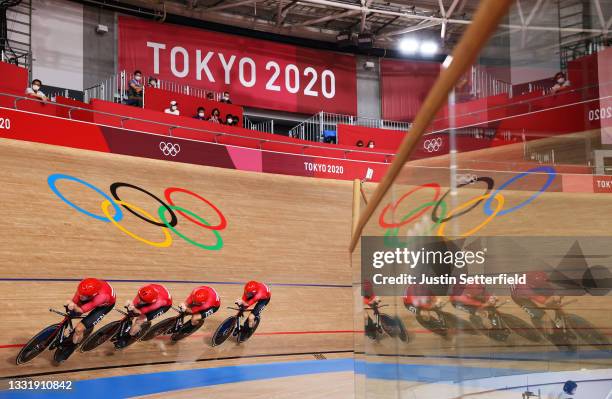 Lasse Norman Hansen, Niklas Larsen, Frederik Madsen and Rasmus Pedersen of Team Denmark sprint to set a new Olympic record during the Men´s team...