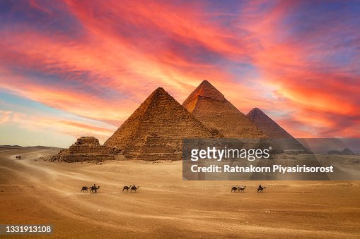 Great Pyramids and The camel caravan is in front of the Egyptian pyramids, Giza, Egypt
