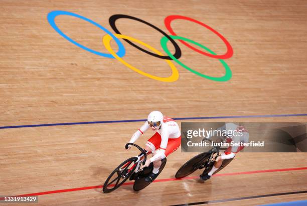Marlena Karwacka and Urzula Los of Team Poland sprint during the Women's team sprint finals, places 7-8 of the Track Cycling on day 10 of the Tokyo...