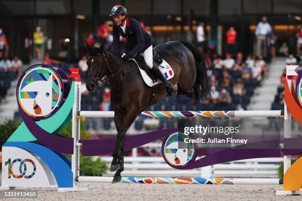 Nicolas Touzaint of Team France riding Absolut Gold competes during the Eventing Jumping Team Final and Individual Qualifier on day ten of the Tokyo...