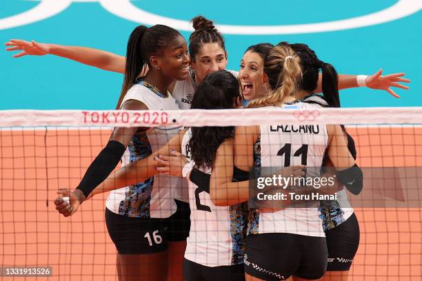 Tatiana Soledad Rizzo of Team Argentina celebrates with teammates after the play against Team China during the Women's Preliminary - Pool B...