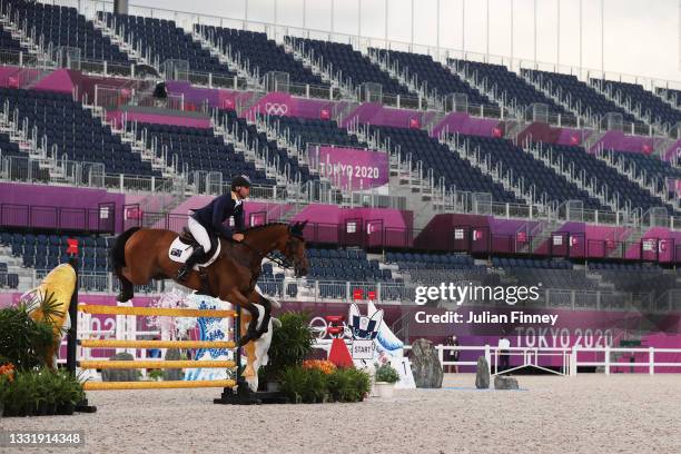 Kevin McNab of Team Australia riding Don Quidam competes during the Eventing Jumping Team Final and Individual Qualifier on day ten of the Tokyo 2020...