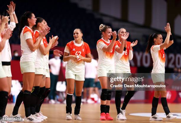 Team Hungary applaud after winning the Women's Preliminary Round Group B handball match between Hungary and Sweden on day ten of the Tokyo 2020...