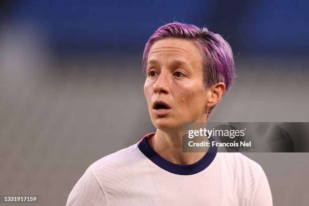 Megan Rapinoe of Team United States looks on during the Women's Semi-Final match between USA and Canada on day ten of the Tokyo Olympic Games at...