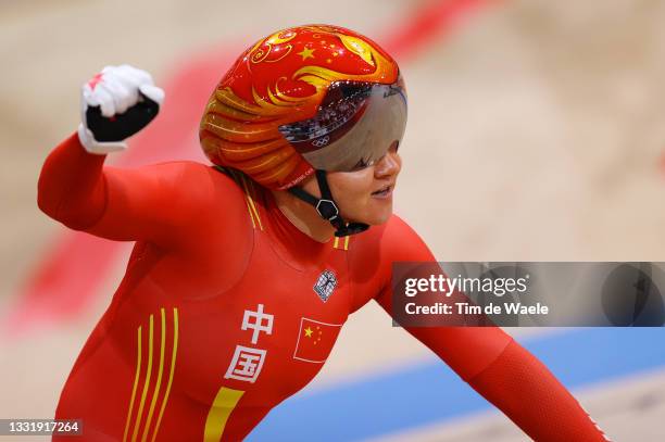 Tianshi Zhong of Team China celebrates winning the gold medal during the Women's team sprint finals of the Track Cycling on day 10 of the Tokyo...