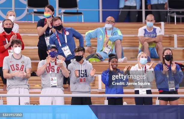 Alec Yoder, Brody Malone, Yul Moldauer, MyKayla Skinner, Grace McCallum applaud during the Women's Floor Exercise Final on day ten of the Tokyo 2020...