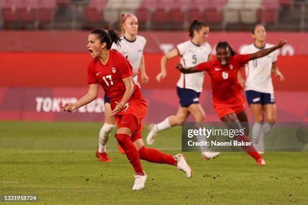 Jessie Fleming of Team Canada celebrates after scoring their side's first goal during the Women's Semi-Final match between USA and Canada on day ten...