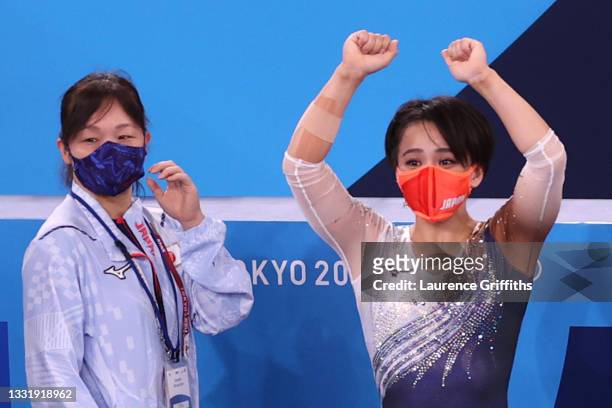 Mai Murakami of Team Japan reacts during the Women's Floor Exercise Final on day ten of the Tokyo 2020 Olympic Games at Ariake Gymnastics Centre on...