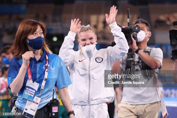 Jade Carey of Team United States waves after winning the Women's Floor Exercise Final on day ten of the Tokyo 2020 Olympic Games at Ariake Gymnastics...