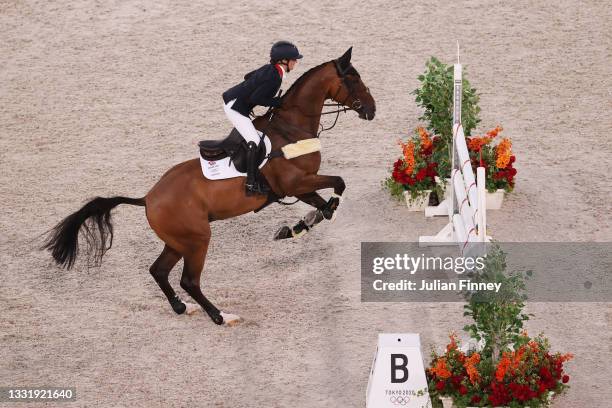 Laura Collett of Team Great Britain riding London 52 competes during the Eventing Jumping Team Final and Individual Qualifier on day ten of the Tokyo...