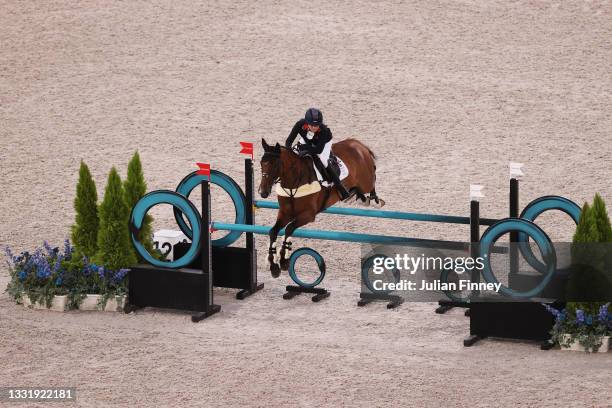 Laura Collett of Team Great Britain riding London 52 competes during the Eventing Jumping Team Final and Individual Qualifier on day ten of the Tokyo...