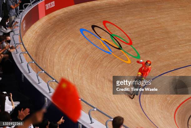General view of Tianshi Zhong of Team China celebrates winning the gold medal and waves to the crowd after the Women's team sprint finals of the...