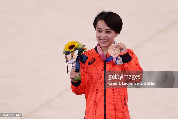 Mai Murakami of Team Japan displays her bronze medal during the Women's Floor Exercise Final on day ten of the Tokyo 2020 Olympic Games at Ariake...