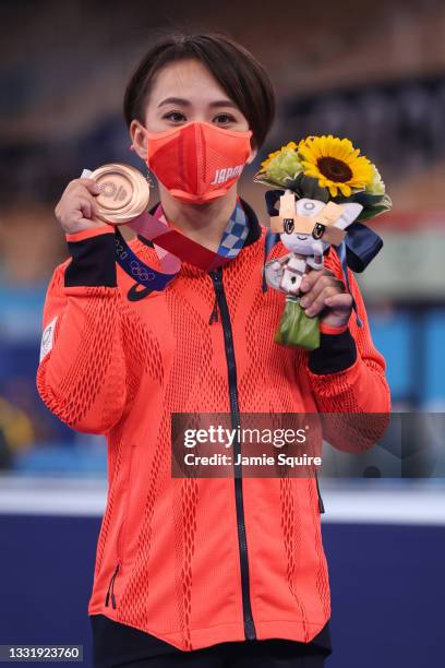 Mai Murakami of Team Japan displays her bronze medal during the Women's Floor Exercise Final on day ten of the Tokyo 2020 Olympic Games at Ariake...