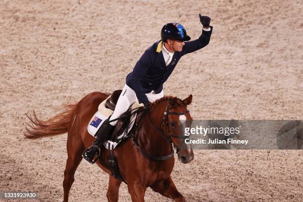 Andrew Hoy of Team Australia riding Vassily de Lassos celebrates after his ride during the Eventing Jumping Team Final and Individual Qualifier on...
