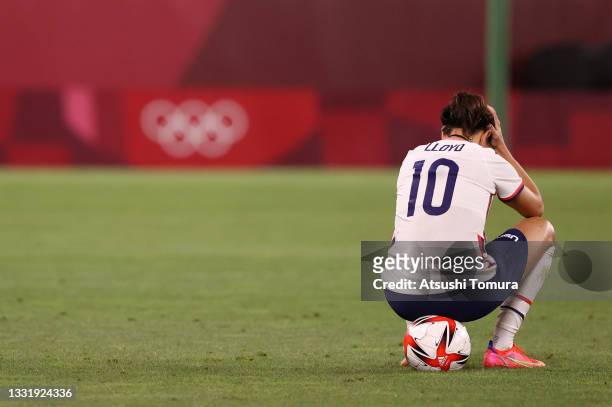 Carli Lloyd of Team United States looks dejected following defeat in the Women's Semi-Final match between USA and Canada on day ten of the Tokyo...
