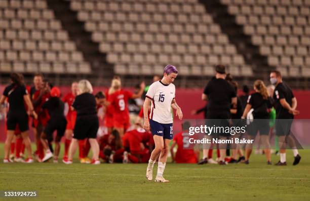 Megan Rapinoe of Team United States looks dejected following defeat in the Women's Semi-Final match between USA and Canada on day ten of the Tokyo...