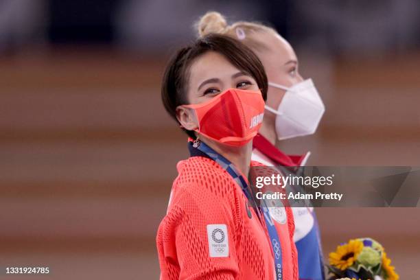 Mai Murakami of Team Japan looks on during the Women's Floor Exercise Final on day ten of the Tokyo 2020 Olympic Games at Ariake Gymnastics Centre on...