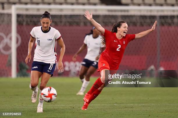 Allysha Chapman of Team Canada celebrates victory at full time as Christen Press of Team United States looks dejected after the Women's Semi-Final...