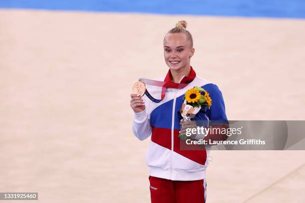 Angelina Melnikova of Team ROC displays her bronze medal during the Women's Floor Exercise Final on day ten of the Tokyo 2020 Olympic Games at Ariake...