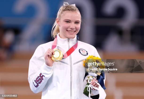 Jade Carey of Team United States poses with her gold medal during the Women's Floor Exercise Final on day ten of the Tokyo 2020 Olympic Games at...