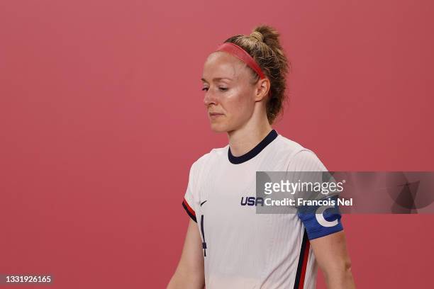 Becky Sauerbrunn of Team United States looks dejected following defeat in the Women's Semi-Final match between USA and Canada on day ten of the Tokyo...