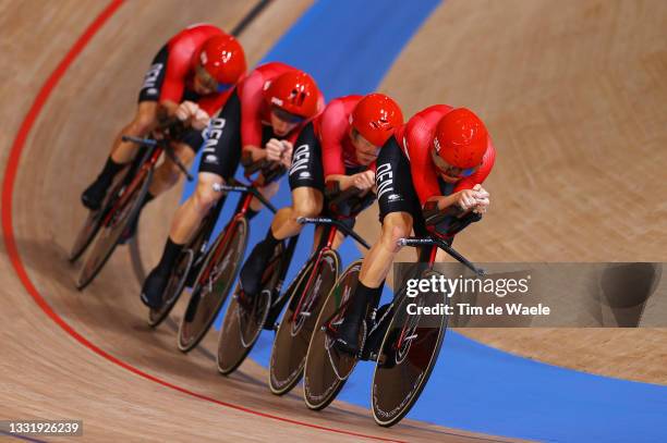 Lasse Norman Hansen, Niklas Larsen, Frederik Madsen and Rasmus Pedersen, of Team Denmark compete during the Men´s team pursuit qualifying of the...