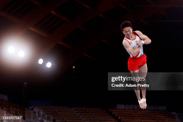 Jeahwan Shin of Team South Korea competes during the Men's Vault Final on day ten of the Tokyo 2020 Olympic Games at Ariake Gymnastics Centre on...
