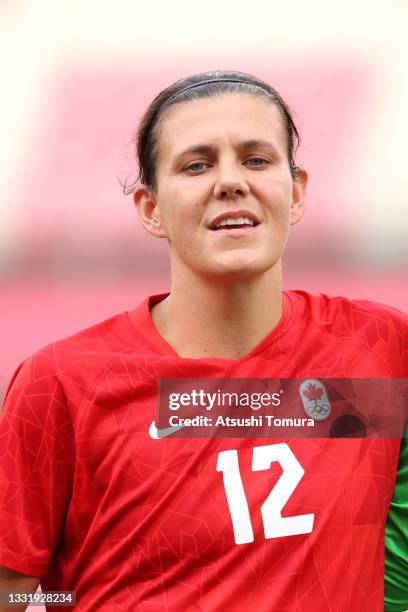 Christine Sinclair of Team Canada looks on during the national anthem prior to the Women's Semi-Final match between USA and Canada on day ten of the...