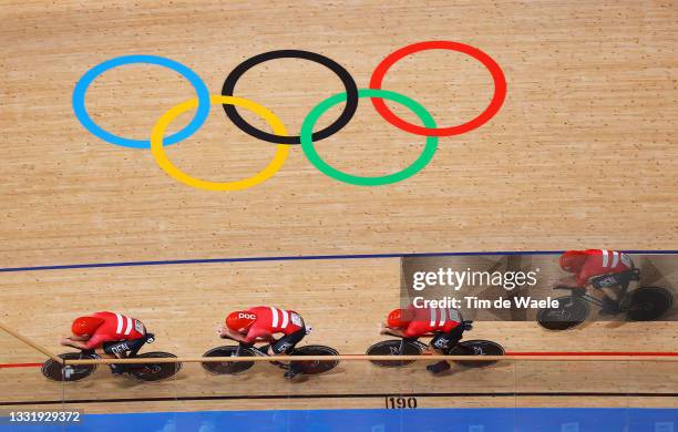 Frederik Madsen, Rasmus Pedersen, Lasse Norman Hansen and Niklas Larsen of Team Denmark, compete during the Men´s team pursuit qualifying of the...