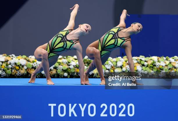 Anita Alvarez and Lindi Schroeder of Team United States compete in the Artistic Swimming Duet Free Routine Preliminary on day ten of the Tokyo 2020...