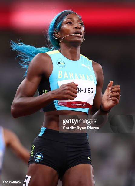Shaunae Miller-Uibo of Team Bahamas competes in the Women's 200 metres Semi Final 3 on day ten of the Tokyo 2020 Olympic Games at Olympic Stadium on...