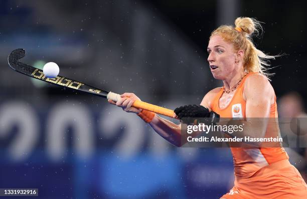 Margot van Geffen of Team Netherlands controls the ball during the Women's Quarterfinal match between Netherlands and New Zealand on day ten of the...