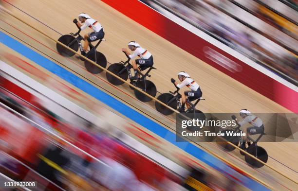 Felix Gross, Leon Rohde, Domenic Weinstein and Theo Reinhardt of Team Germany sprint during the Men´s team pursuit qualifying of the Track Cycling on...