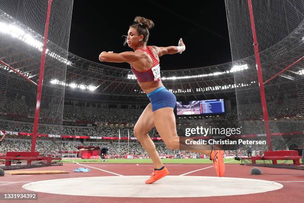 Valarie Allman of Team United States competes in the Women's Discus Final on day ten of the Tokyo 2020 Olympic Games at Olympic Stadium on August 02,...