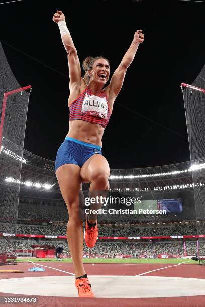 Valarie Allman of Team United States reacts in the Women's Discus Final on day ten of the Tokyo 2020 Olympic Games at Olympic Stadium on August 02,...